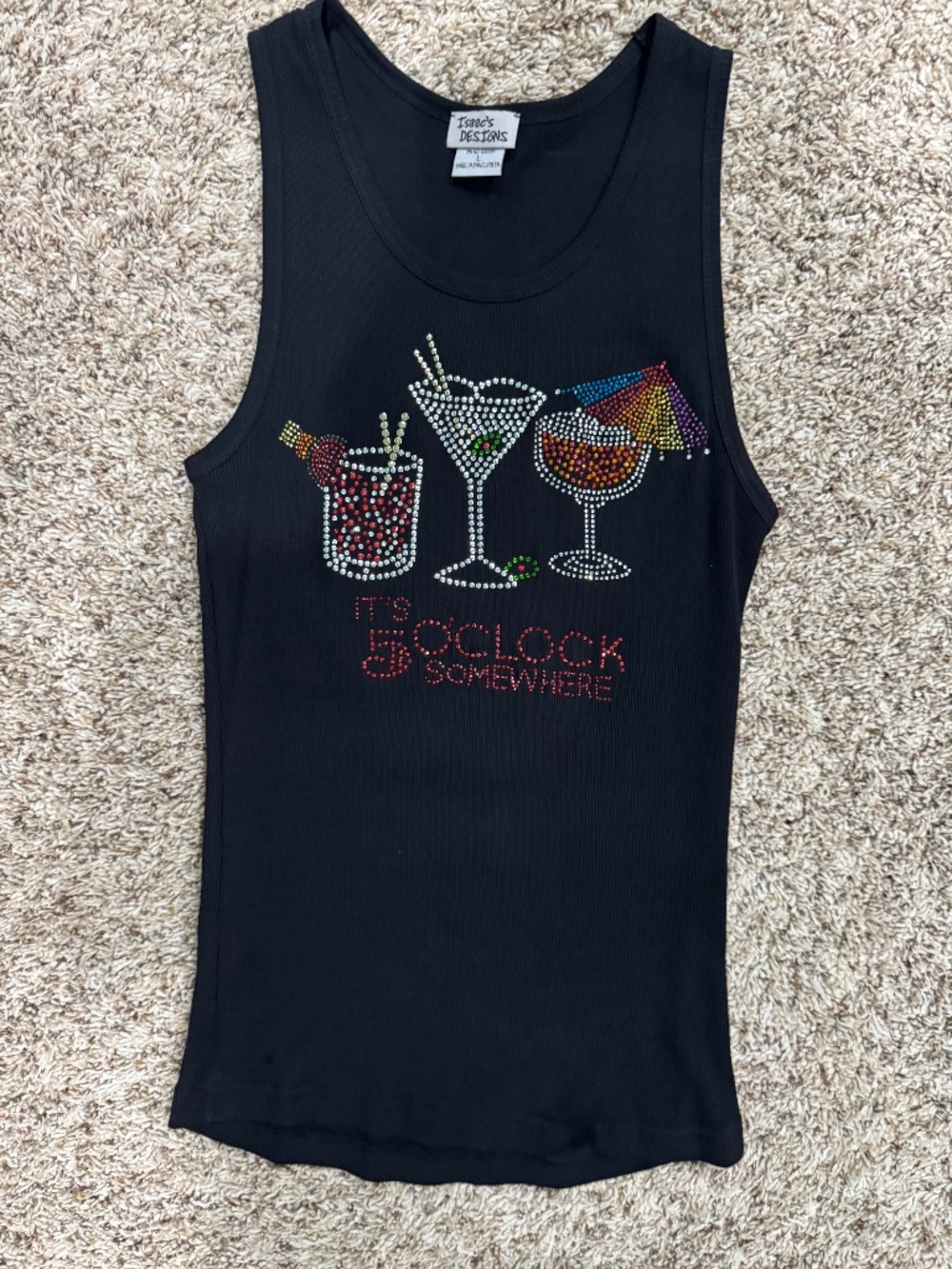 "It's 5 O'Clock Somewhere" embellished black fitted tank top size large